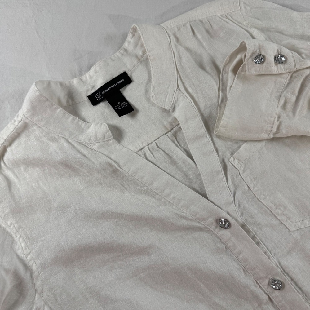 INC International Concepts Size 8 White Tie Front 100% Linen Button Up Shirt‎
